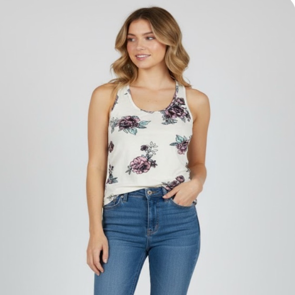 Rue21 Women’s Floral Tank Top with Pink and Green Accents Size XS.